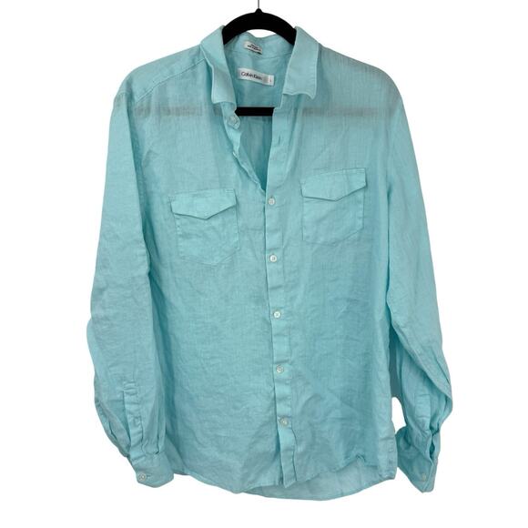 Calvin Klein Men L Linen Button Up Long Sleeve Shirt Aqua Blue size Large - Picture 1 of 8